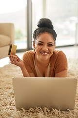 Image showing Woman with laptop, portrait with credit card and online shopping with payment on store website, fintech and smile. Female person at home, happy with internet banking and finance with e commerce