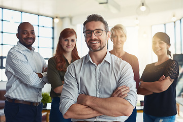 Image showing Happy businessman, portrait and arms crossed in leadership, management or CEO team at the office. Confident business people or professional standing with smile for teamwork or about us at workplace