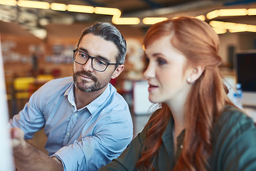 Image showing Businessman, computer and coach in team collaboration for ideas, strategy or planning at the office. Man mentor coaching woman and training staff on technology in teamwork for solution at workplace