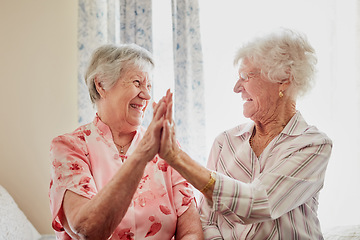 Image showing Happy, success and senior women with high five for care, retirement support and happiness. Smile, love and elderly friends with excited gesture for solidarity or community in a nursing home together