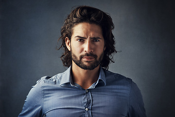 Image showing Portrait, business and angry man or boss frustrated with employee, mistake or person with beard on gray studio background. Face, businessman or model, frown and mad professional corporate worker