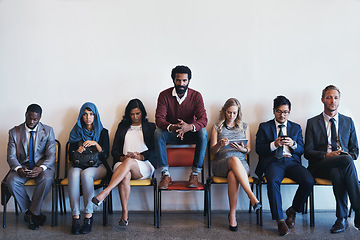 Image showing Recruitment, group and stand out person waiting, job interview and hiring opportunity in business. Portrait, people and work recruiting success or career, human resources and resume application