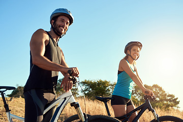 Image showing Happy couple, nature ride and cycling in the mountains for fitness and exercise together. Bike wellness and young people with outdoor adventure and sports training with happiness and freedom mockup