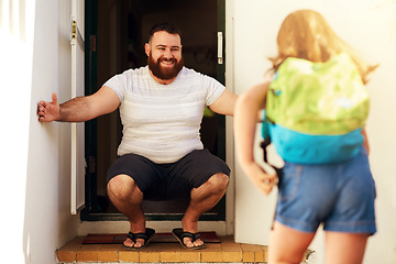 Image showing Back to school, door and dad hug at home with young girl with happiness and parent love. Father care, support and smile with child together on family house porch with a greeting and kid backpack