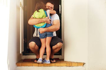 Image showing Back to school, welcome and dad hug at home with young girl with happiness and parent love. Father care, support and smile with child together on family house porch with a greeting and kid backpack