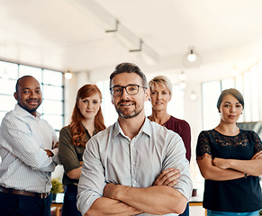 Image showing Businessman, portrait and team with arms crossed in management, leadership or creative group at the office. Confident business people or professional in teamwork, startup or about us at the workplace