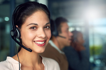 Image showing Call center, woman and portrait with contact us, crm and customer service job with smile. Phone help, sale and web advice employee with happiness from telemarketing and internet work in office mockup