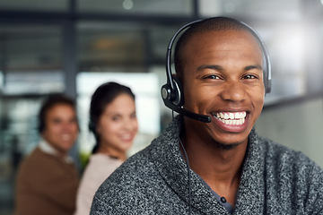 Image showing Call center, portrait and male telemarketing consultant in office doing online consultation. Happy, contact us and face of man customer support agent with headset working on crm strategy in workplace