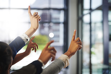 Image showing Hands up, workshop or business people in presentation asking questions for an answer or ideas. Teamwork, faq or employees with hand raised in group discussion meeting for problem solving or solution