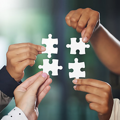 Image showing People, hands or puzzle collaboration for problem solving ideas with planning, team building or strategy. Hand with jigsaw, zoom or meeting for partnership or community group with mission or solution