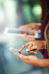 Image showing Phone, social media or hands of business people in office for networking web, chatting or texting message. Closeup, tablet or hand of employees scrolling or typing email online on digital mobile app