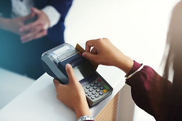 Image showing Credit card payment, swipe or hands of person in mall with pos machine in a financial exchange. B2c fintech, sales services or closeup of customer paying, swiping or shopping in retail store trade