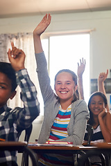 Image showing Question, school and portrait of children with hands up for answer in lesson, learning and education. Classroom, knowledge and happy young students with hand raised for asking, feedback and questions