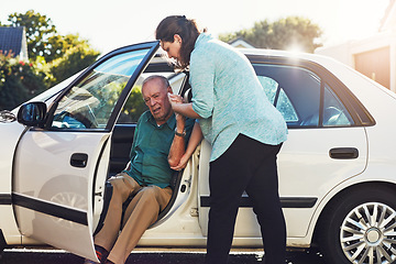 Image showing Car, transport and caregiver help old man for assisted living, retirement care and rehabilitation. Travel, transportation and woman helping elderly male person from motor vehicle for health service