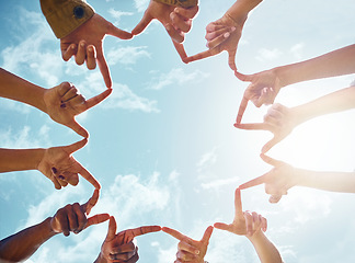 Image showing Peace, star and hands of friends on blue sky background with support, collaboration and solidarity. V sign, fingers shape of people outdoor for community, goal and social happiness, voice or union