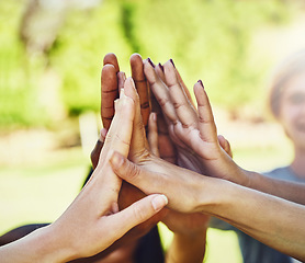 Image showing Hands, friends and high five at a park for teamwork, collaboration and volunteering motivation. Hand connection, people and volunteer group outdoor for community, clean up and charity mission help