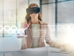 Image showing Business woman, VR and analytics on overlay for future data, technology or innovation at the office. Happy female person or employee smiling in virtual reality, metaverse or futuristic dashboard