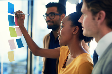 Image showing African woman, moodboard writing and team business meeting with planning and brainstorming. Company collaboration, teamwork and diversity with startup working and strategy notes and schedule plan