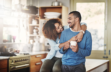 Image showing Love, coffee and happy couple in kitchen, morning hug in home with smile, hugging and healthy relationship. Happiness, man and woman embrace with affection, romance and young people in apartment.