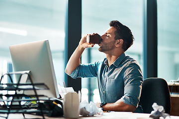 Image showing Business man drinking coffee in office at computer in startup agency for productivity, energy and break. Male employee, desktop pc and cup of caffeine at table while working online with technology