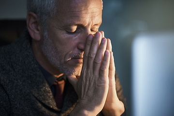 Image showing Headache, sad and mature businessman with depression, pain anxiety due to burnout, debt and mental health. Night, pray and mistake or fail by frustrated person working in an office facing bankruptcy