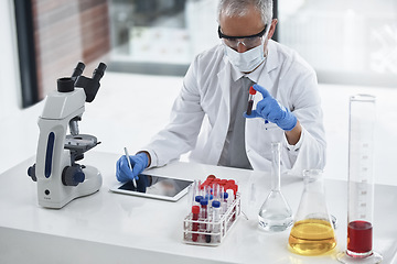 Image showing Science, tablet and scientist working on blood test writing online results of medical exam in a lab or laboratory. Medicine, research and healthcare man or professional doing DNA or RNA analytics