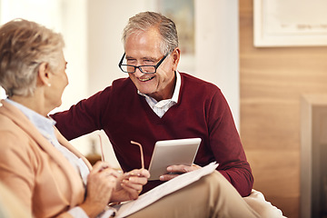 Image showing Finance, insurance and tablet with an old couple in their home for retirement or pension planning. Accounting, money or investment with a senior man and woman in their house for financial budget