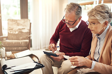 Image showing Finance, calculator and budget with an old couple in their home for retirement or pension planning. Debt bills, money or investment with a senior man and woman in their house for financial insurance