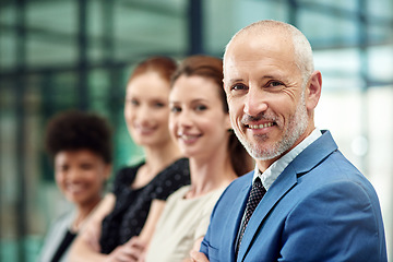 Image showing Portrait, happy man and leadership of corporate team in office for professional commitment, pride or trust. Face, mature boss and confident CEO with employees in business management, company or smile