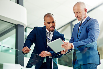 Image showing Business men, team and tablet for advice in office of discussion, planning and legal analysis in law firm. Diversity, CEO and mentor of digital collaboration, technology and review online information