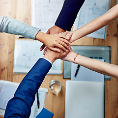 Image showing Top view, business people and hands for team building of support, synergy and success of goals, solidarity and trust. Closeup, integration and group collaboration of mission, winning circle or target