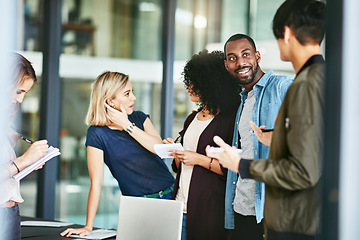 Image showing Teamwork, office and business people in meeting discussion for collaboration, planning and project. Communication, diversity and men and women in conversation, talking and brainstorming for strategy