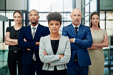 Image showing Portrait, business people or serious teamwork with arms crossed for diversity, professional commitment or office pride. Group, African woman or global collaboration leadership of corporate employees