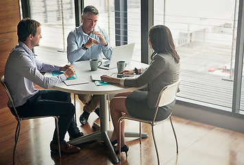 Image showing Business people, manager and meeting planning, target increase and workflow ideas and management on computer. Professional woman, men employees and boss talking, listening and collaboration on laptop