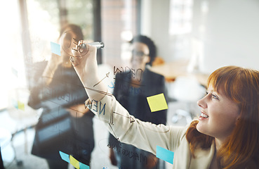 Image showing Woman, teamwork and planning notes on glass for schedule, mindmap and collaboration of goals, target and project. Happy employees, brainstorming and writing ideas for innovation, training and mission