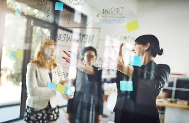 Image showing Women, teamwork and pointing to notes on glass for schedule, mindmap and planning goals, agenda or objectives. Brainstorming, collaboration and presentation of ideas on window for startup innovation