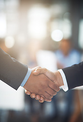 Image showing Business people, handshake and closeup in office for partnership, introduction and team collaboration. Employees shaking hands in support, success and networking for opportunity, trust and thank you