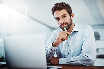 Image showing Laptop, thinking and portrait of businessman with confidence in the office doing research online. Technology, corporate and professional male employee working on project with computer in workplace.