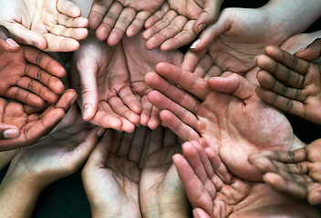 Image showing Open hands support, diversity and together with community, solidarity and help. Trust, faith and charity hand gesture with people and collaboration with crowd show palm and society and commitment