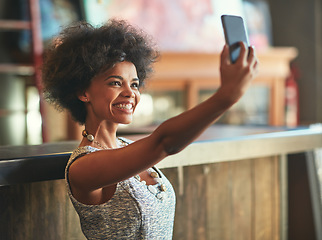 Image showing Coffee shop selfie, happy and cafe woman post photo memory to social media, website or store advertising app. Customer, retail service and picture of person in startup, small business or restaurant
