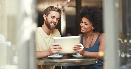 Image showing Restaurant talking, tablet or happy people collaboration on project, research or customer experience report in retail cafe. Partnership, teamwork or diversity team on internet search in coffee shop