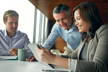 Image showing Planning, tablet and business people in meeting for online results, data analytics and happy for profit or increase. professional woman, men and boss or manager on digital technology for analysis