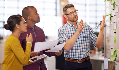 Image showing Whiteboard, teamwork plan and business people with strategy and speaking in a office. Startup, company training and creative writing group with communication and vision with ideas and seo report