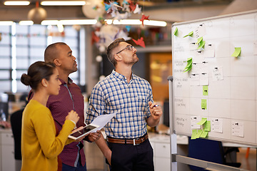 Image showing Whiteboard, thinking and business people with optimisation strategy in a office. Startup, company training and creative writing group with communication and vision with ideas and writer sticky notes