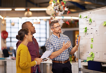 Image showing Whiteboard, manager plan and business people with strategy and speaking in a office. Startup, company training and creative writing group with communication and vision with ideas and seo report