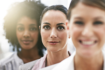 Image showing Business people, face and woman leadership with team in portrait, workforce with professional collaboration and about us. Company community, success and career mindset with group of female employees