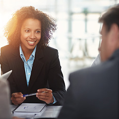 Image showing Legal, African woman lawyer in a meeting and with client in her office at work. Collaboration or teamwork, people talking about a case and black female attorney with a male person in boardroom