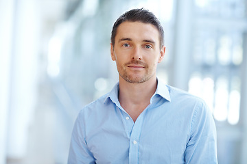 Image showing Businessman, portrait and serious face in modern office mockup for professional, about us and confidence. Corporate mock up, worker and mature male employee or CEO, entrepreneur and background space