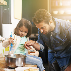 Image showing Learning, breakfast and father with daughter in kitchen for pancakes, bonding and cooking. Food, morning and helping with man and young girl in family home for baking, support and teaching nutrition