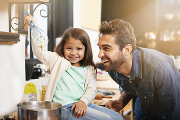 Image showing Pancakes, breakfast and cooking with father and daughter in kitchen for smile, bonding and learning. Food, morning and helping with man and young girl in family home for baking, support and nutrition